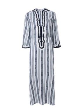 TORY BURCH Corbin Hooded White Navy Gold Striped Runway Maxi Tunic Resort Dress